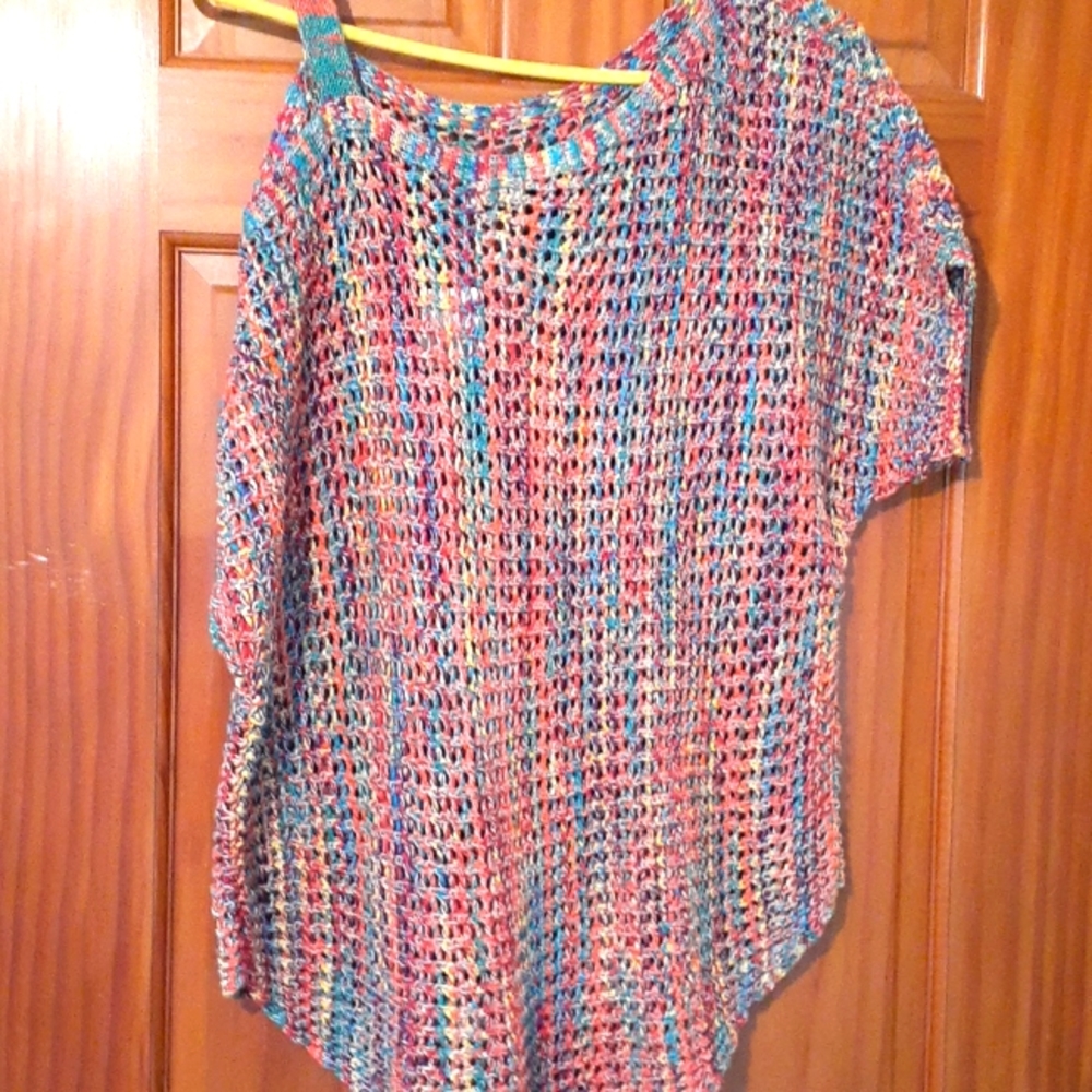 WOMENS KNOTTED MULTI COLOR OFF SHOULDER SWEATER